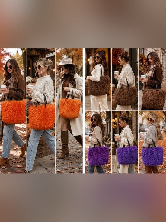 Handbags - 3 Mongolian Fur Tote Bags - Brown, Orange, Purple - 40 x 30 - Halloween Glam